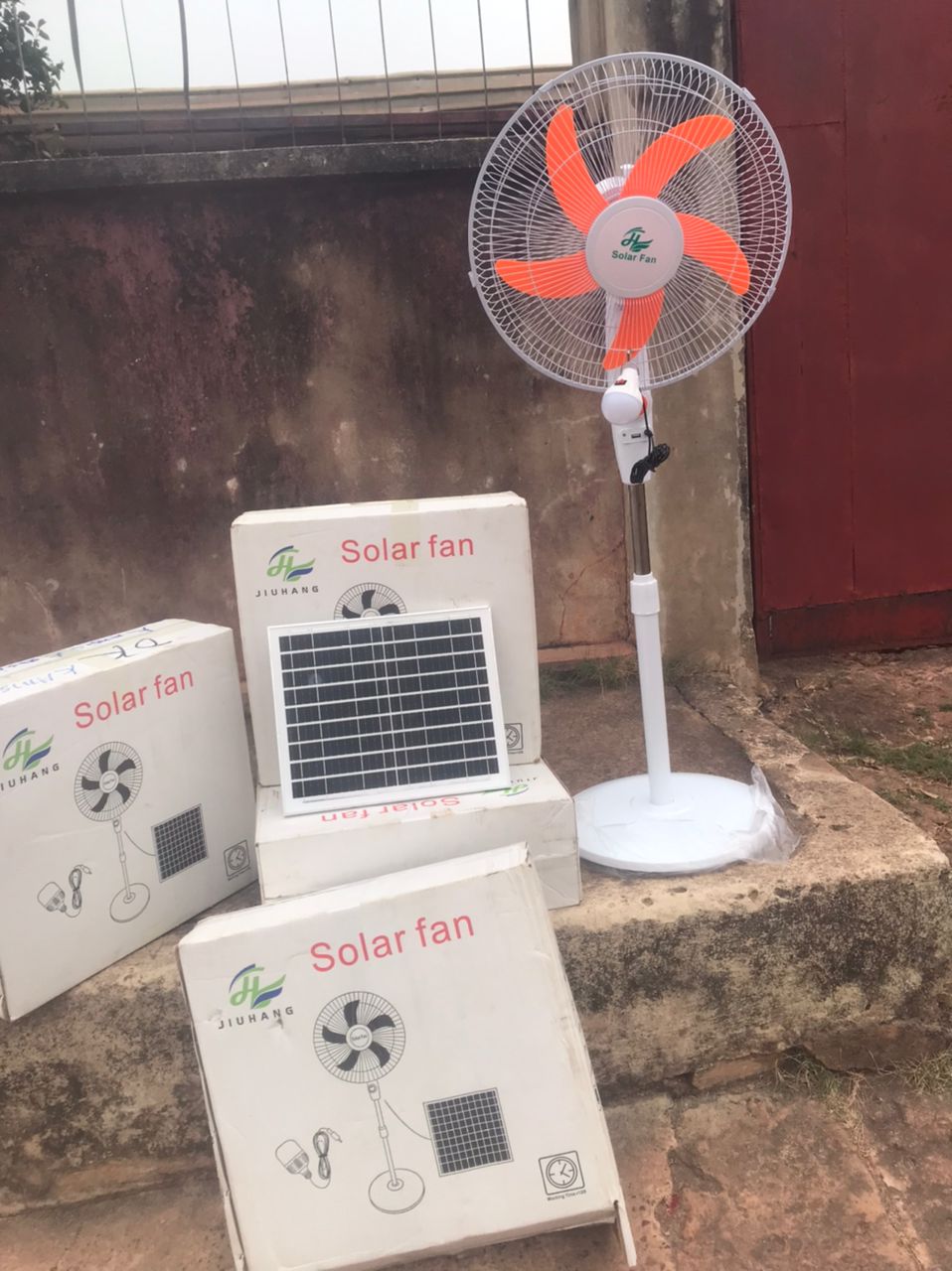 Solar Standing Fan with Solar Panel Outdoor Setup